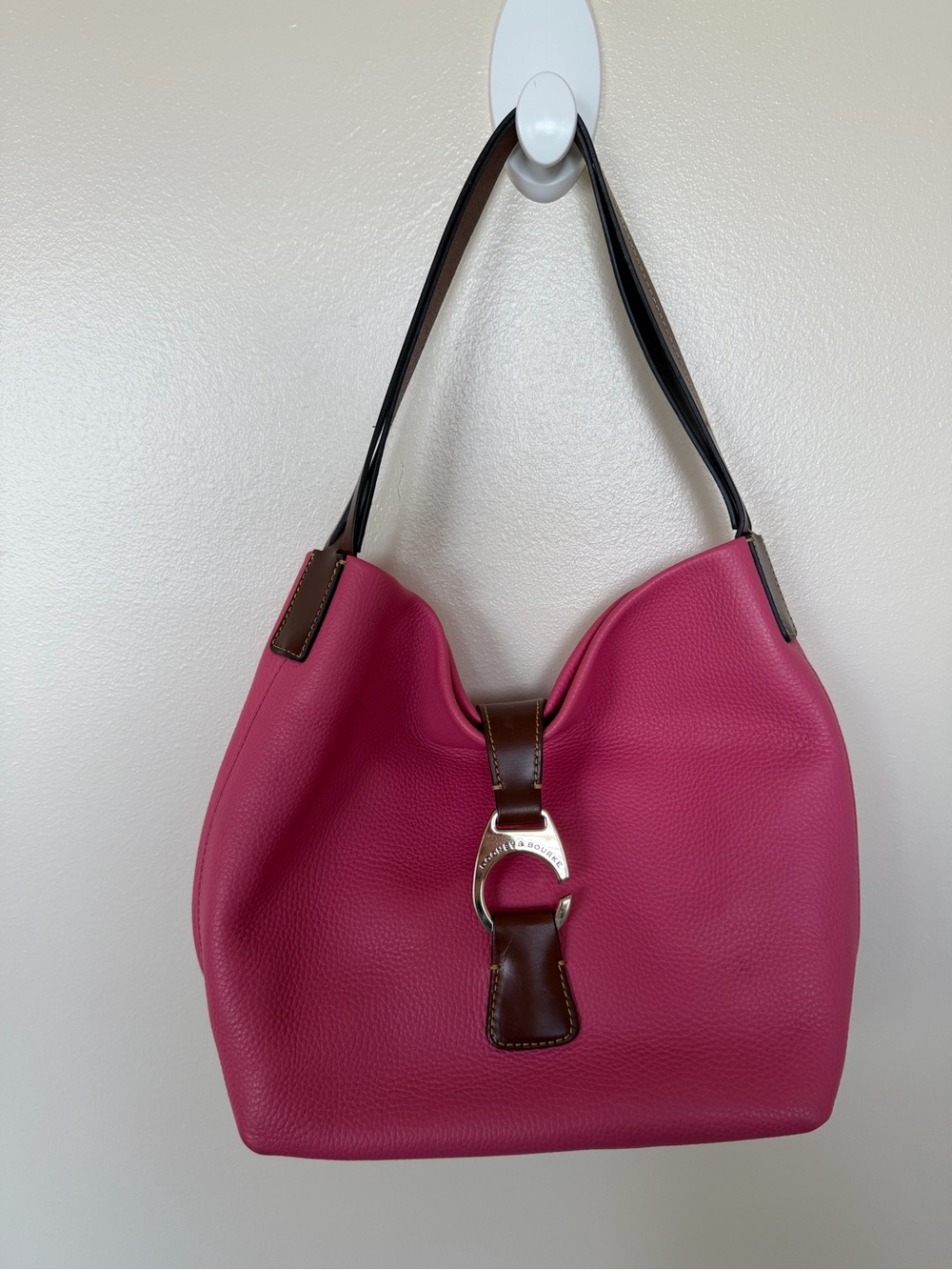 DOONEY & BOURKE Crossbody Hobo in Bright Pink Pebbled Leather with Brown Accent